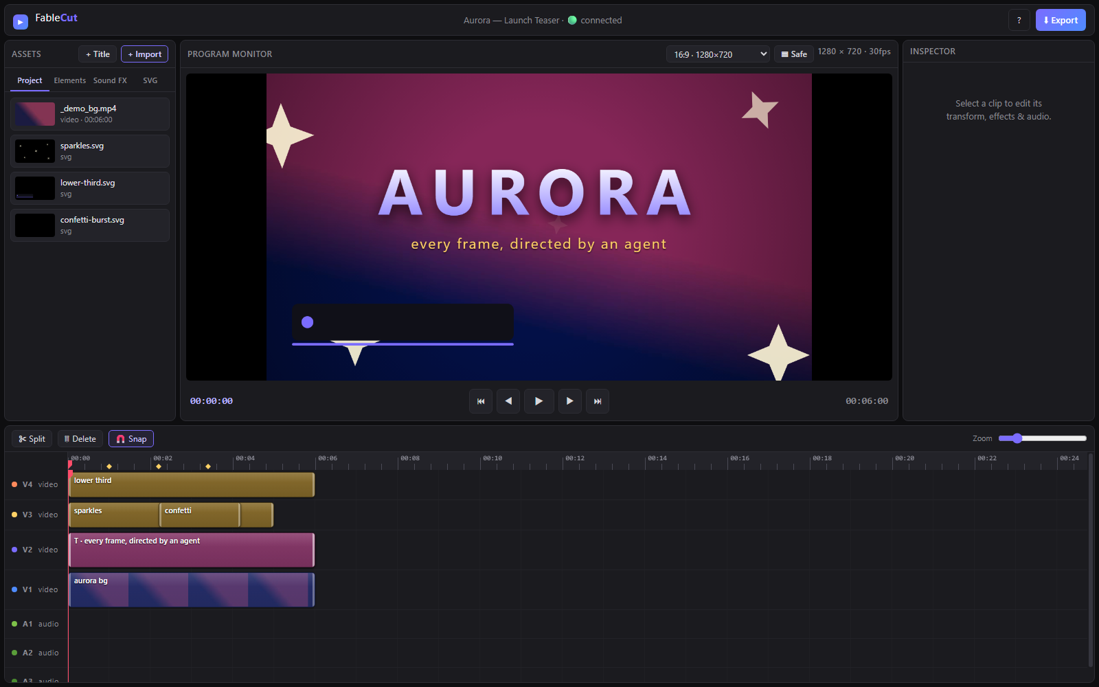The FableCut editor: a timeline with video and audio tracks, a preview monitor, and an inspector panel.
