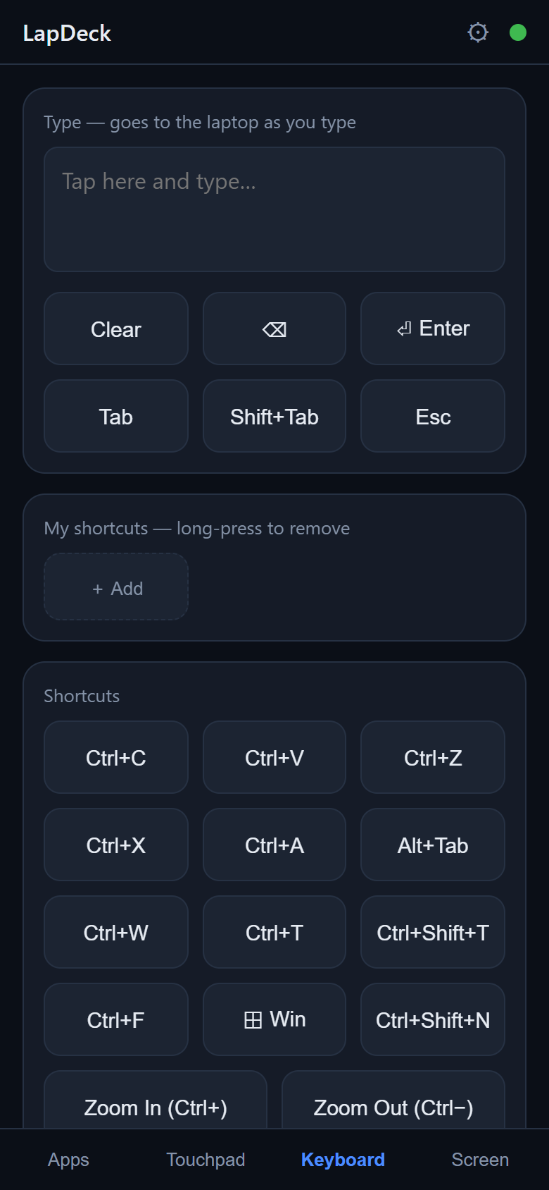 LapDeck keyboard with custom shortcuts on a phone