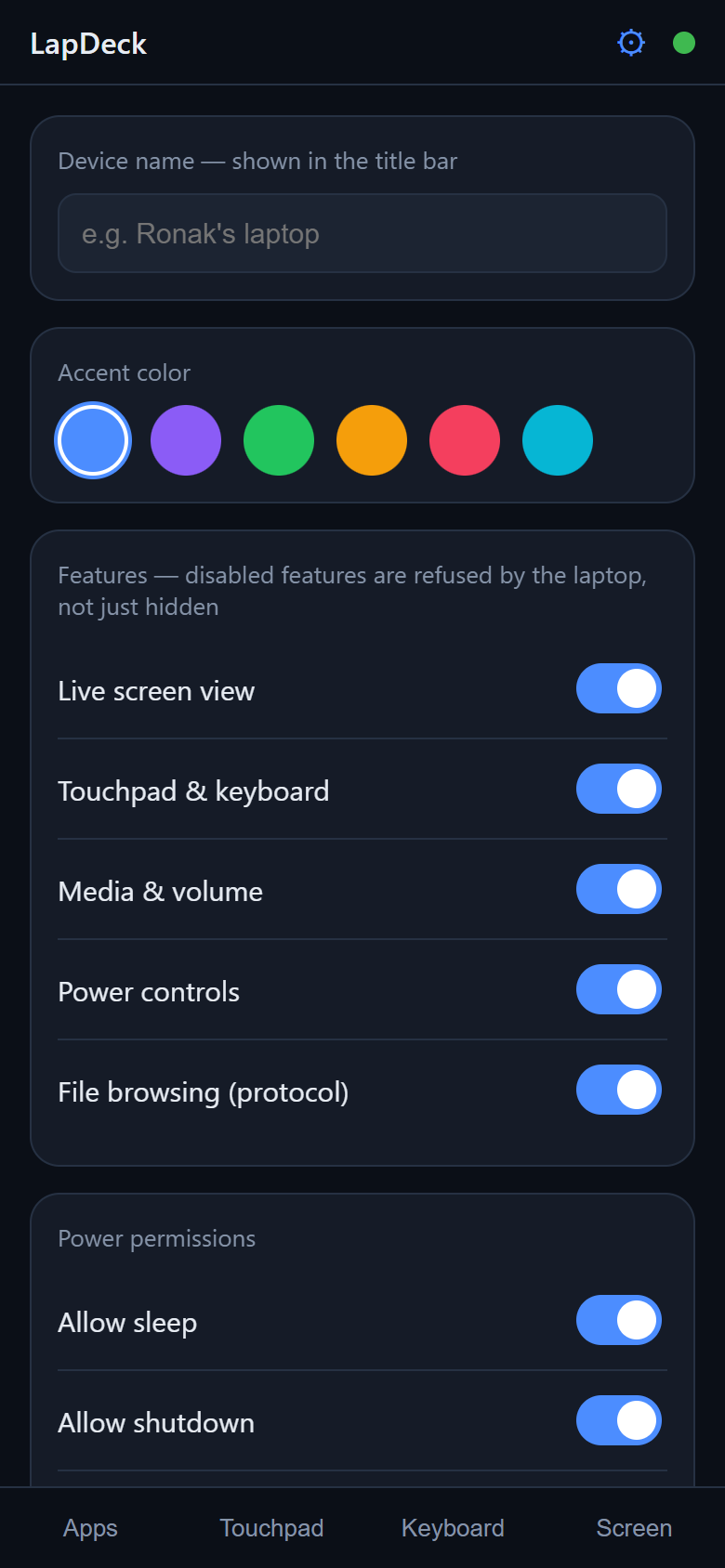 LapDeck settings screen on a phone